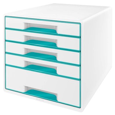 Esselte Leitz Schubladenbox WOW Cube DIN A4 mit 5 Schubladen - perlweiß/ eisblau