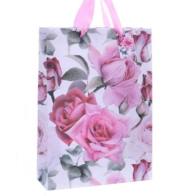 10 Stück Geschenktüte 'Rosa Rosen', Papiertüten Tragetaschen Groß 34 cm