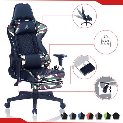 Bürostuhl Racing 170° Neigung Gaming Stuhl mit Fußstütze Hoch Zurück Computerspiel...