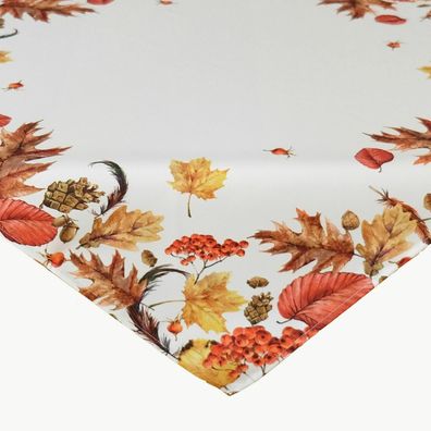 Tischdecke Mitteldecke 110 x 110 cm Herbstdeko Herbstblätter weiß rostbraun bunt