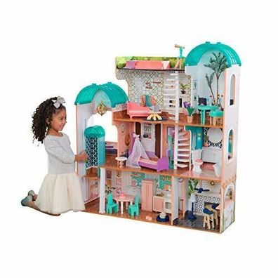 Coemo Puppenhaus Lara Puppenstube komplett möbliert Puppen 3 Etagen Miniaturhaus 