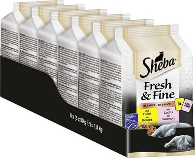 Sheba Fresh & Fine in Sauce Hochwertiges Katzen Nassfutter Huhn Lachs 36 x 50 g