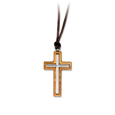 Kreuz Olivenholzkreuz mit Metallkreuz eingelassen, am Band Jesus christlich braun
