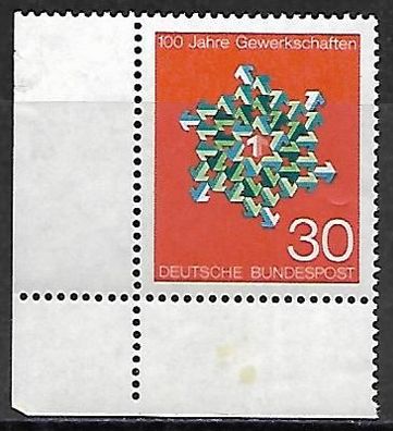 BRD postfrisch Michel-Nummer 570 linkes unteres Eckrandstück