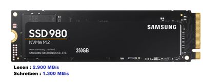 Samsung NVMe Festplatte SSD 980 250 GB (PCIe 3.0 x4, NVMe 1.4, M.2 2280, intern)