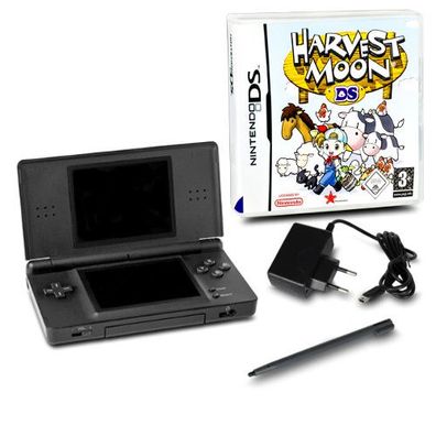 Nintendo DS Lite Handheld Konsole schwarz #70A + Kabel + Spiel Harvest Moon DS