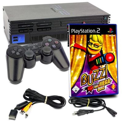 PS2 Konsole Fat in Schwarz + original Controller + alle Kabel + Spiel Buzz Das ...