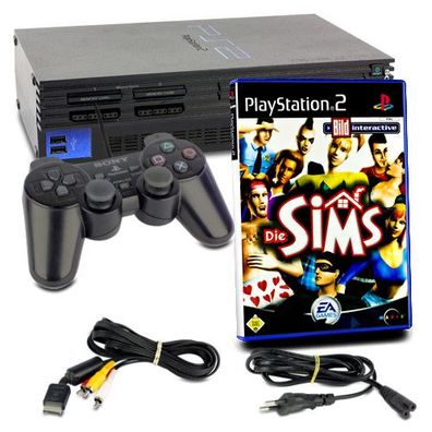 PS2 Konsole Fat in Schwarz + original Controller + alle Kabel + Spiel Die Sims