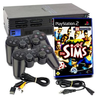 PS2 Konsole Fat in Schwarz + 2 original Controller + alle Kabel + Spiel Die Sims