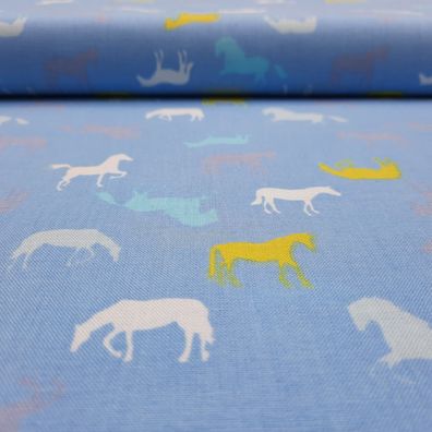 Webstoff "Wildpferde" blau/ gelb/ weiß