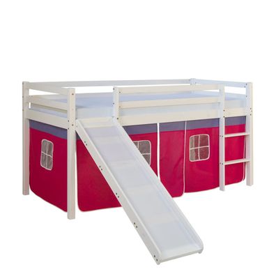 Kinderbett Hochbett Massiv Kiefer weiß pinker Vorhang, Rutsche, Spielbett 540