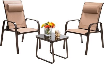 3tlg. Bistroset Balkonset, Couchtisch aus Hartglas & 2 stapelbare Stühle, Gartenset