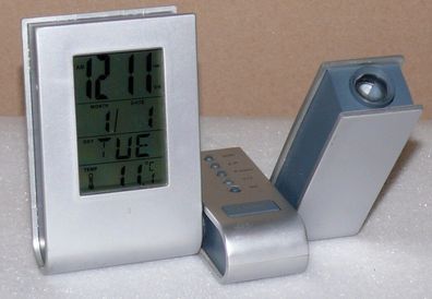 RH 2314 Designer Projektion Uhr wecker Multi Alarm C° F° Datum Tag LCD Silber