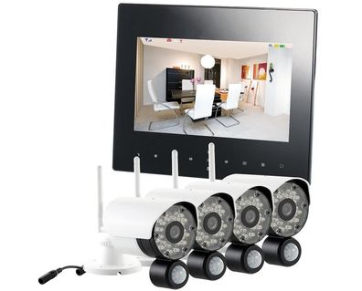 VisorTech DSC-720. mc Funk Überwachungs-Set mit 4 schwarz-weißen HD-IP-Kameras + Mon