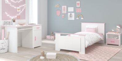 Kinderzimmer Möbel Set weiß rosa Mädchen 3-tlg Bett 90x200 Parisot Biotiful