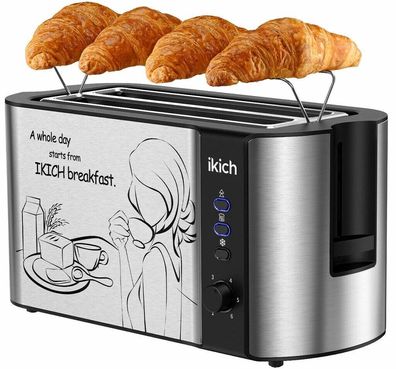 Ikich CP144A Langschlitz Toaster 4 Scheiben 6 Stufen Brotaufsatz 1500W Edelstahl