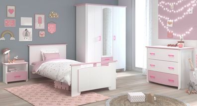 Kinderzimmer Möbel Set 4-teilig Mädchen Bett 90x200 Kleiderschrank Parisot Biotiful