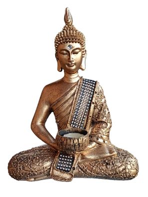 Buddha Kerzenhalter Dekofigur Garten Terrasse Thailand Buddhismus Feng Shui gold