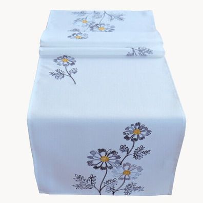 Tischläufer 40 x 140 cm Tischdecke weiß blau grau Blumen bestickt Tischdeko