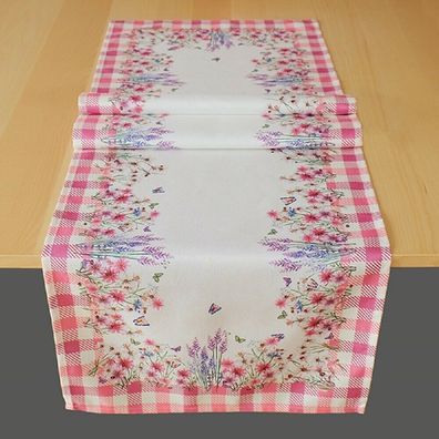 Tischläufer 40 x 140 cm Tischdecke Frühling Sommer weiß rosa Blumen Karo Deko