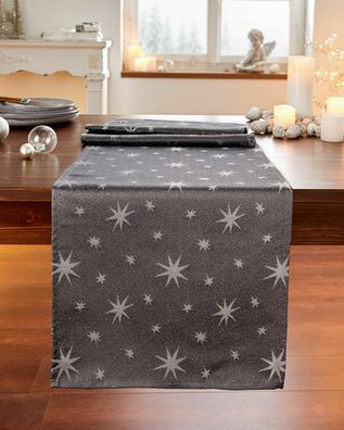 Tischläufer 40 x 140 cm grau silber Tischdecke Tischdeko Weihnachtsdeko Sterne