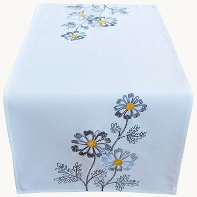 Tischläufer 40 x 85 cm Tischdecke weiß blau grau Blumen bestickt Tischdeko kurz