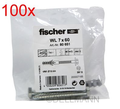100x Fischer Sanitär-Befestigung WL 7x60 Nr. 80651 à2 Schrauben + Dübel 7 x 60 NEU