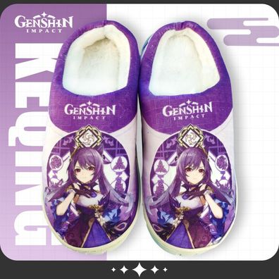 Herren Damen Genshin Impact Keqing Plüsch Hausschuhe Warm Slippers Größe41-42