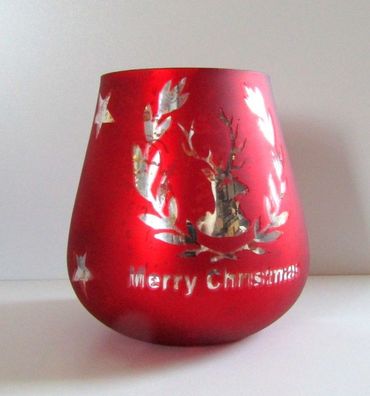 Glaswindlicht -Merry Christmas- rot-silber mit Hirschkopf, 11,5 x 11,5 cm