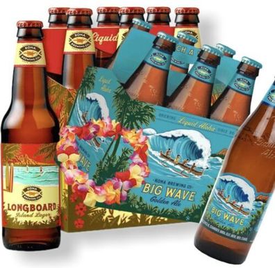 Teste Bier aus Hawaii 3 Flaschen Kona Longboard Lager und 3 Flaschen Big Wave