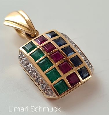 Limari Schmuck Edelstein Anhänger mit Rubin Saphir Smaragd Diamant 18 k Gold 750