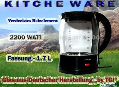 Kitcheware by TGI Glas Teekocher Wasserkocher 1.7L 2200W 360° Kalksieb 31