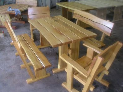 Gartenmöbel, Sitzgruppe, Eiche, rustikal, 150 cm, Tisch, 2 Bänke, 2 Sessel