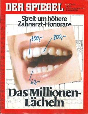 Der Spiegel Nr. 32 / 1976 Streit um höhere Zahnarzt-Honorare. Das Millionen-Lächeln