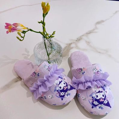 Damen Kuromi Plüsch Hausschuhe Rutschfest Hause Slippers Lila Größe37-38