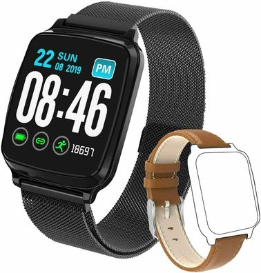 Smartwatch Fitness Armband Tracker mit 2 Armbändern (Leder und Edelstahl) Supbro