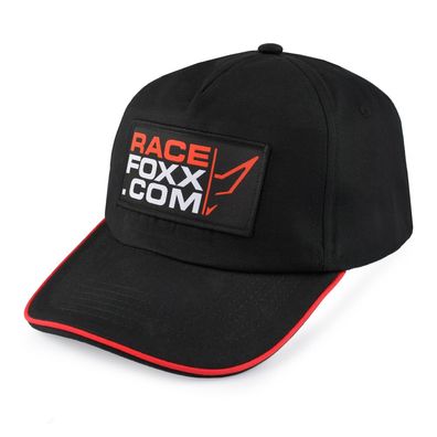 Racefoxx. COM Beechfield Basecap und Patch, schwarz, mit rotem Streifen