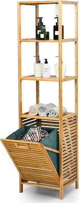 Badezimmer Hochschrank mit Wäschekorb, Badezimmerschrank Bambus mit Regalen für Bad