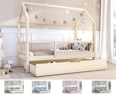 ZORI BIS Hausbett Kinderbett mit Schubkasten Kiefer Holz Weiß Grau Rosa Blau 80x190