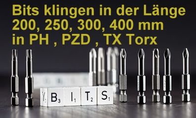 1/4" Bitsklingen Profi extra Lang 200, 250, 300 400 mm Torx TX, PZD, PH Klingen Bit M