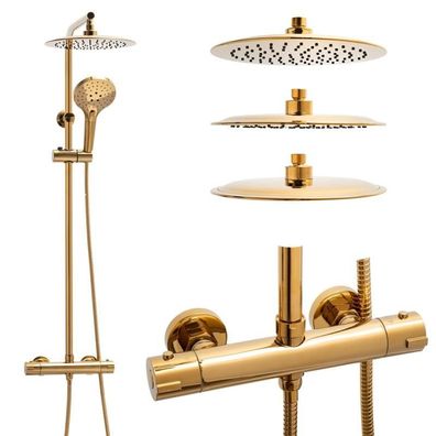 Regenbrausegarnitur - mit Thermostathahn - 25 cm - Gold