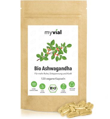 myvial® Bio Ashwagandha Kapseln 120 Stück hochdosiert vegan ohne Zusätze plastikfrei