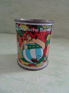 alte Spardose Asterix Obelix Blechdose Deutsche Bank ca 6 x 5,5 cm