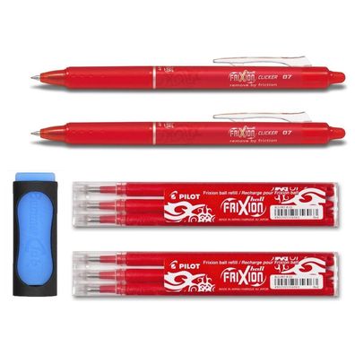 2 Pilot Frixion Clicker 0.7 rot + 6er Set Ersatzminen 0.7 rot + Radierer gratis