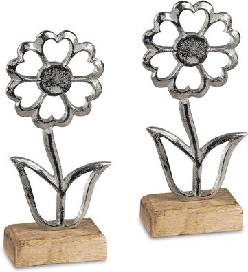 2er Set Blume | Aluminium auf Holzsockel | 20x9 cm | Dekofigur Metalldeko Figur