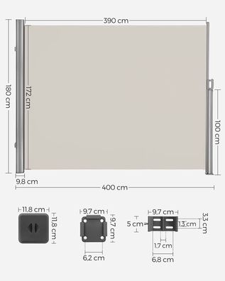 Seitenmarkise, 180 x 400 cm (H x L), Sichtschutz, Sonnenschutz, Seitenrollo, für Bal