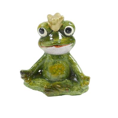 Dekofigur Gartenfigur Frosch grün sitzend mit Goldkrone Keramik H 8.3 cm
