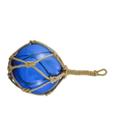 XXL Fischernetz Kugel, Fischerkugel aus Glas im Jute Netz, Blau Ø 30 cm