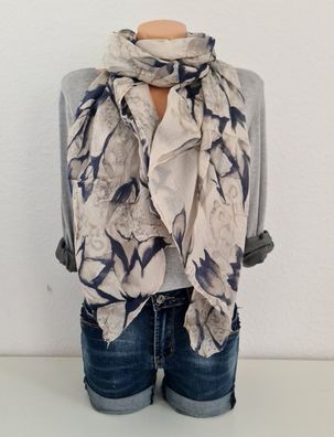 Blogger Italy Schal Tuch Scarf Seide/ Baumwolle asymetrisch Blumen Beige/ Blau