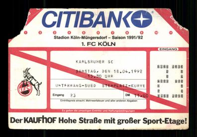 Ticket BL 1 FC Köln -Karlsruher SC 1991-92 + G 36478